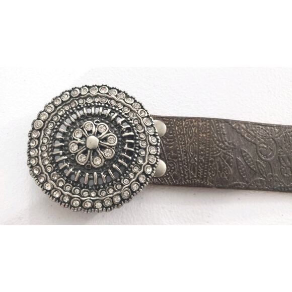 Fossil Brown Embossed Tooled Leather Western Belt Womens Medium Boho - Picture 1 of 8